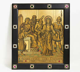 Brass station of the Cross with Christ before Pilate