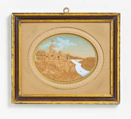 Small oval cork diorama with view of Stolzenfels Castle by the Rhine river