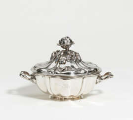 Lidded silver bowl with knob made of various vegetables