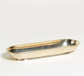 Narrow, long silver serving bowl with rounded ends