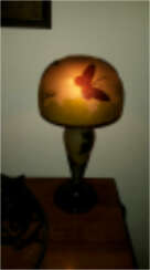 Small glass table lamp with forest landscape and butterflies
