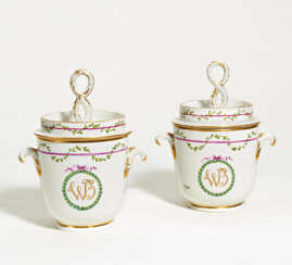 Pair of porcelain ice buckets with monogram "WB"