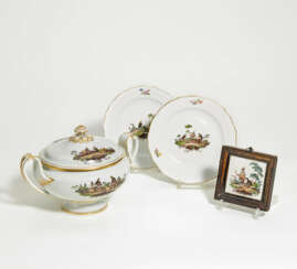 Porcelain tureen, two plates, tile with miner motifs