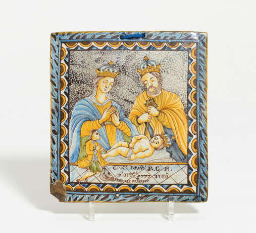 Italy. Ceramic tile with depiction of the "Adoration of Jesus" and donor - photo 1