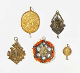 Five partially gilt silver amulets