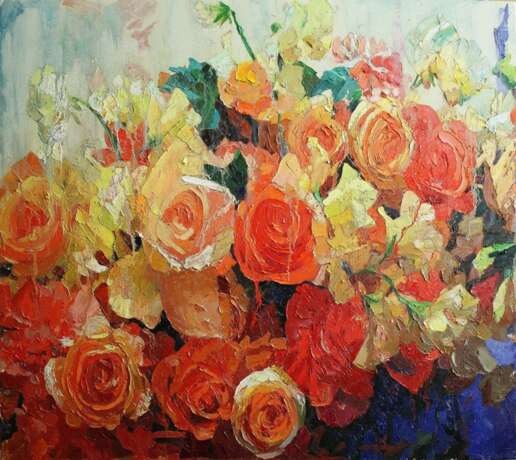 Painting “Roses”, Canvas on the subframe, Oil paint, Contemporary art, Still life, Russia, 2021 - photo 1