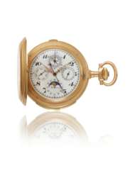 DÜRRSTEIN, 18K GOLD HUNTER CASE MINUTE REPEATING PERPETUAL CALENDAR KEYLESS LEVER CHRONOGRAPH WATCH