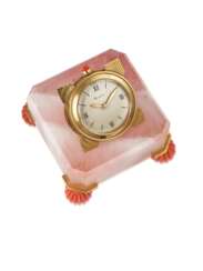 CARTIER, PARIS, 18K GOLD, CORAL AND ROSE QUARTZ HINGED DESK TIMEPIECE