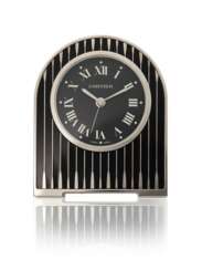 CARTIER, LIMITED EDITION STAINLESS STEEL AND ENAMEL DESK CLOCK WITH ALARM, REF. 2746