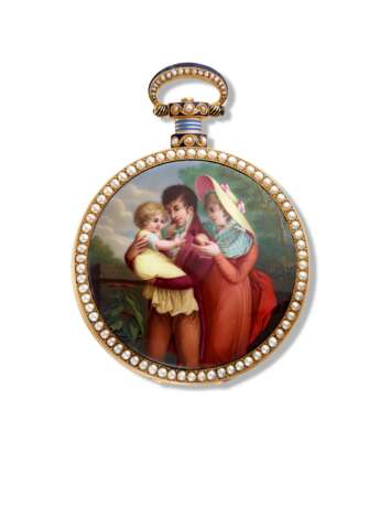 Ilbery, John. ILBERY, 18K GOLD, ENAMEL AND PEARL-SET OPENFACE CENTRE SECONDS DUPLEX WATCH WITH ENAMEL MINIATURE IN THE MANNER OF JEAN-FRANÇOIS-VICTOR DUPONT, MADE FOR THE CHINESE MARKET - Foto 1