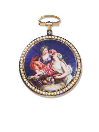 CLARY, 18K GOLD, ENAMEL AND PEARL-SET OPENFACE WATCH, ENAMEL SCENE IN THE MANNER OF LISSIGNOL - фото 1
