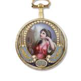 JAQUET DROZ ET LESCHOT, 18K GOLD, ENAMEL AND PEARL-SET OPENFACE VERGE WATCH WITH DATE - photo 1
