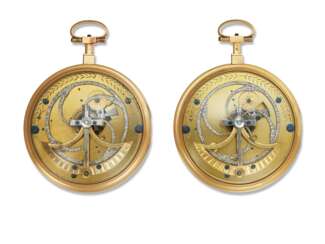 ATTRIBUTED TO DUBOIS & FILS, PAIR OF 18K GOLD OPENFACE CHINESE MARKET WATCHES WITH STOPPABLE JUMP CENTRE SECONDS, DIAMOND-SET SECOND-BEATING BALANCES AND POUZAIT LEVER ESCAPEMENTS