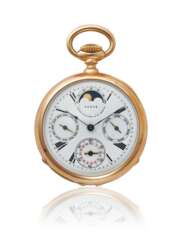 PATEK PHILIPPE, EARLY 18K PINK GOLD OPENFACE PERPETUAL CALENDAR KEYLESS LEVER WATCH WITH MOON PHASES AND LEAP YEAR INDICATOR