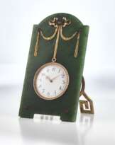 FABERGÉ, AN 18K TWO-COLOR GOLD, SILVER, NEPHRITE AND PEARL-SET DESK TIMEPIECE