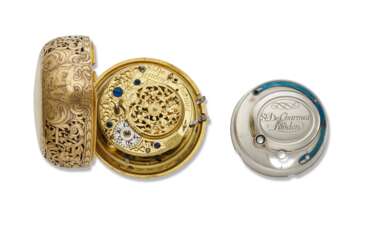 SIMON DE CHARMES, 18K GOLD OPENFACE REPOUSSE QUARTER REPEATING PAIR CASED KEYWOUND VERGE WATCH