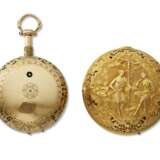 SIMON DE CHARMES, 18K GOLD OPENFACE REPOUSSE QUARTER REPEATING PAIR CASED KEYWOUND VERGE WATCH - фото 3