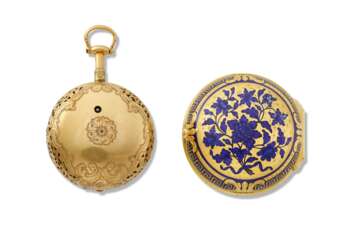 THOMAS MUDGE & WILLIAM DUTTON, 18K GOLD AND ENAMEL OPENFACE QUARTER REPEATING PAIR CASED KEYWOUND VERGE WATCH