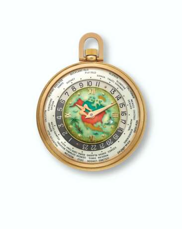 PATEK PHILIPPE. A VERY FINE, RARE AND HIGHLY IMPORTANT 18K PINK GOLD OPENFACE KEYLESS LEVER WORLD TIME WATCH WITH POLYCHROME CLOISONN&#201; ENAMEL DIAL REPRESENTING A MAP OF NORTH AMERICA WITH BOX - photo 1