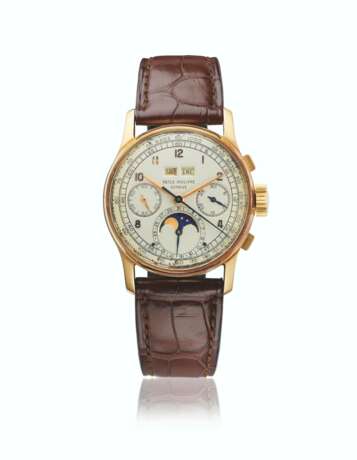 PATEK PHILIPPE. AN EXTREMELY RARE AND IMPORTANT 18K PINK GOLD PERPETUAL CALENDAR CHRONOGRAPH WRISTWATCH WITH MOON PHASES AND TACHYMETER DIAL - фото 1