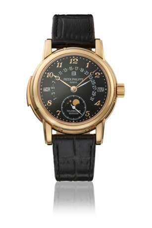 PATEK PHILIPPE. AN EXTREMELY RARE AND HIGHLY IMPORTANT 18K PINK GOLD MINUTE REPEATING PERPETUAL CALENDAR WRISTWATCH WITH TOURBILLON, RETROGRADE DATE, MOON PHASES, LEAP YEAR INDICATION, BLACK DIAL, CERTIFICATES AND BOX - фото 1