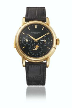 PATEK PHILIPPE. AN EXTREMELY RARE 18K GOLD AUTOMATIC MINUTE REPEATING PERPETUAL CALENDAR WRISTWATCH WITH MOON PHASES, 24 HOUR AND LEAP YEAR AND DAY/NIGHT INDICATION - photo 1