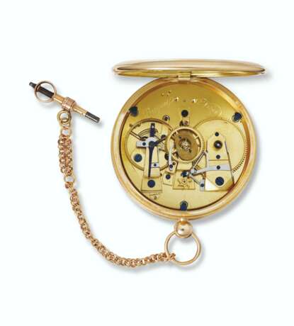 BREGUET, NO. 1348. AN EXCEPTIONAL AND HIGHLY IMPORTANT LARGE 20K GOLD OPENFACE CYLINDER WATCH WITH DAYS OF THE WEEK INDICATION, ANNUAL GREGORIAN CALENDAR, ADDITIONAL GOLD INDEX FOR THE JULIAN CALENDAR, SIGNS OF THE ZODIAC AND SPECIAL DISENGAGING EQUATION - photo 3