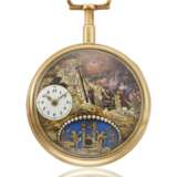ATTRIBUTED TO CHARLES DUCOMMUN. AN EXTREMELY FINE, VERY RARE, LARGE AND IMPORTANT 18K PINK GOLD, ENAMEL AND PEARL-SET OPENFACE QUARTER REPEATING WATCH WITH VIRGULE ESCAPEMENT AND VARICOLOURED GOLD AUTOMATON DEPICTING MOSES STRIKING THE ROCK - photo 1