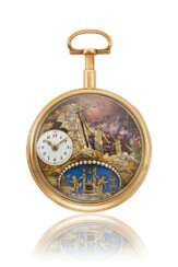 ATTRIBUTED TO CHARLES DUCOMMUN. AN EXTREMELY FINE, VERY RARE, LARGE AND IMPORTANT 18K PINK GOLD, ENAMEL AND PEARL-SET OPENFACE QUARTER REPEATING WATCH WITH VIRGULE ESCAPEMENT AND VARICOLOURED GOLD AUTOMATON DEPICTING MOSES STRIKING THE ROCK