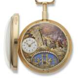 ATTRIBUTED TO CHARLES DUCOMMUN. AN EXTREMELY FINE, VERY RARE, LARGE AND IMPORTANT 18K PINK GOLD, ENAMEL AND PEARL-SET OPENFACE QUARTER REPEATING WATCH WITH VIRGULE ESCAPEMENT AND VARICOLOURED GOLD AUTOMATON DEPICTING MOSES STRIKING THE ROCK - фото 2
