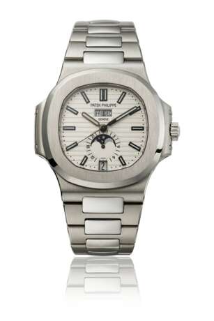 PATEK PHILIPPE. A STAINLESS STEEL AUTOMATIC ANNUAL CALENDAR WRISTWATCH WITH SWEEP CENTRE SECONDS, MOON PHASES, 24 HOUR INDICATION, BRACELET, CERTIFICATE OF ORIGIN AND BOX - фото 1