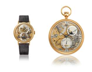 BREGUET. A VERY RARE AND IMPORTANT ‘SOUSCRIPTION’ SET OF 18K PINK GOLD WATCHES, COMPRISING A SKELETONIZED TOURBILLON WRISTWATCH AND A ‘PERP&#201;TUELLE’ SELF-WINDING SKELETONIZED POCKET WATCH WITH DATE, MOON PHASES AND POWER RESERVE