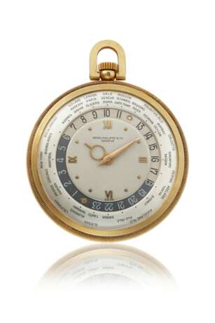 PATEK PHILIPPE. A FINE AND RARE 18K GOLD OPENFACE KEYLESS LEVER WORLD TIME WATCH WITH LATER ENGRAVED COAT OF ARMS - Foto 1