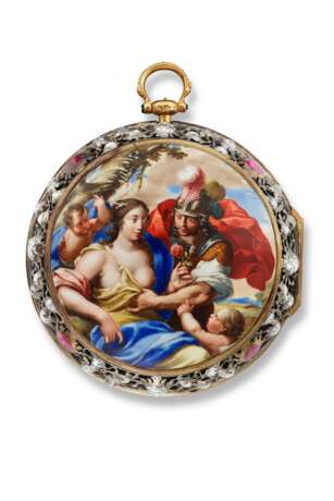 JOHANNES VAN CEULEN. A MAGNIFICENT AND EXTREMELY RARE 18K GOLD, SILVER, ENAMEL AND GEM-SET OPENFACE PAIR CASED VERGE WATCH, THE ENAMEL MINIATURE ATTRITUBED TO ROBERT VAUQUER, BLOIS - Foto 1