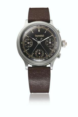 EBERHARD & CO. A VERY RARE AND HIGLY ATTRACTIVE STAINLESS STEEL SPLIT SECONDS CHRONOGRAPH WRISTWATCH WITH TROPICAL DIAL AND START/STOP/LOCK DEVICE - Foto 1