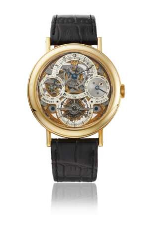 BREGUET. A RARE AND ATTRACTIVE 18K GOLD SKELETONIZED PERPETUAL CALENDAR TOURBILLON WRISTWATCH WITH RETROGRADE DATE, LEAP YEAR INDICATION, CERTIFICATE AND BOX - фото 1