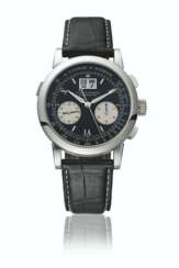 A. LANGE &amp; S&#214;HNE. A RARE PLATINUM FLYBACK CHRONOGRAPH WRISTWATCH WITH OVERSIZED DATE AND BOX