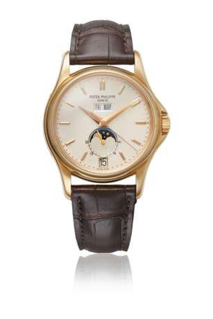 PATEK PHILIPPE. A VERY RARE 18K PINK GOLD LIMITED EDITION AUTOMATIC ANNUAL CALENDAR WRISTWATCH WITH SWEEP CENTRE SECONDS, 24 HOUR INDICATION AND MOON PHASES, MADE FOR THE 125TH ANNIVERSARY OF WEMPE - фото 1