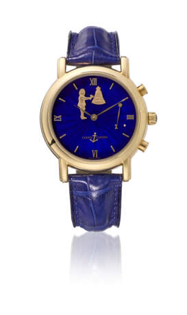 ULYSSE NARDIN. A RARE AND ATTRACTIVE 18K GOLD AUTOMATIC HOUR STRIKING AND REPEATING WRISTWATCH WITH JACQUEMART AUTOMATON,ENAMEL DIAL AND BOX - photo 1