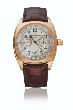 VACHERON CONSTANTIN. A RARE 18K PINK GOLD CUSHION-SHAPED SINGLE-BUTTON CHRONOGRAPH WRISTWATCH WITH PULSOMETER DIAL, CERTIFICATES AND BOX - фото 1