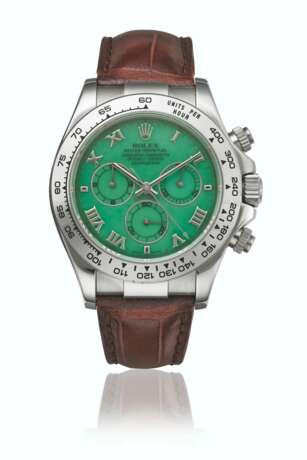 ROLEX. AN 18K WHITE GOLD AUTOMATIC CHRONOGRAPH WRISTWATCH WITH GREEN CHRYSOPRASE DIAL - photo 1