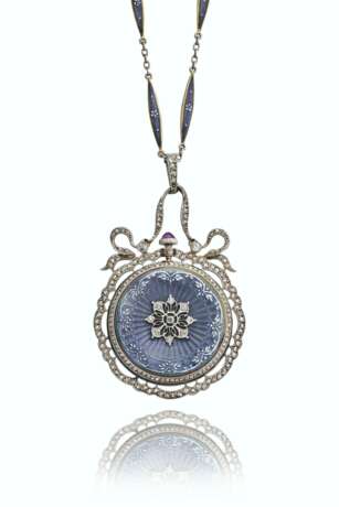 PATEK PHILIPPE. AN EXQUISITE 18K YELLOW GOLD, PLATINUM, ENAMEL AND DIAMOND-SET OPENFACE PENDANT WATCH WITH MATCHING CHAIN - photo 1