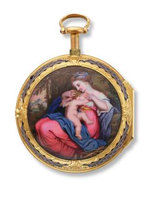 MUDGE & DUTTON. AN EXCEPTIONAL AND IMPORTANT 22K GOLD AND PAINTED ON ENAMEL BELL OR &#192; TOC QUARTER REPEATING PAIR CASED CYLINDER WATCH, ENAMEL IN THE MANNER OF GEORGE MICHAEL MOSER AFTER SIR JOSHUA REYNOLDS - photo 1