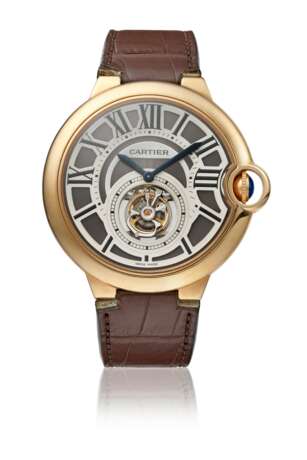 CARTIER. A RARE 18K PINK GOLD FLYING TOURBILLON WRISTWATCH WITH CERTIFICATES AND BOX - photo 1