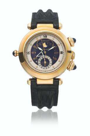 CARTIER. AN ATTRACTIVE 18K GOLD WRISTWATCH WITH SWEEP CENTRE SECONDS, ALARM, MOON PHASES AND DATE - фото 1