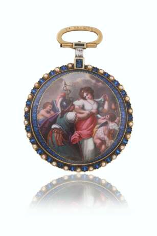 CLARY. A VERY FINE AND ATTRACTIVE 18K GOLD, ENAMEL AND PEARL-SET VERGE WATCH - фото 1