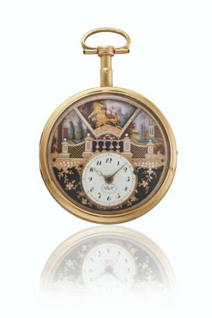 ROBERT & COURVOISIER. A FINE, RARE AND ATTRACTIVE 18K GOLD AND ENAMEL CYLINDER WATCH WITH FOUR AUTOMATON SCENES - фото 1