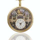 ROBERT & COURVOISIER. A FINE, RARE AND ATTRACTIVE 18K GOLD AND ENAMEL CYLINDER WATCH WITH FOUR AUTOMATON SCENES - Foto 1