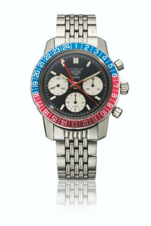 HEUER. A STAINLESS STEEL TONNEAU-SHAPED DUAL TIME CHRONOGRAPH WRISTWATCH WITH GAY FRERES BRACELET - photo 1