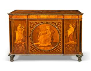 A GEORGE III ORMOLU-MOUNTED MAHOGANY, AMARANTH, HAREWOOD, MARQUETRY AND PARQUETRY BREAKFRONT CABINET
